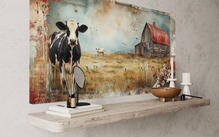 Old Barn And Cows On The Farm Rustic Framed Canvas Wall Art