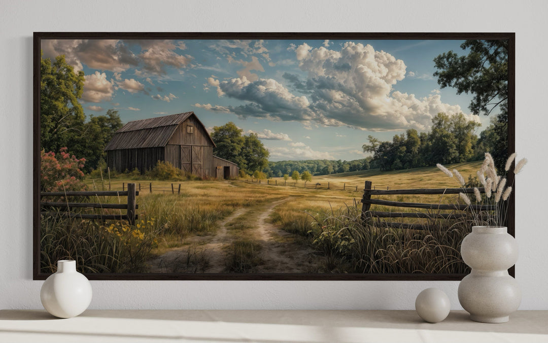 Old Barn In The Farm Landscape Framed Canvas Wall Art