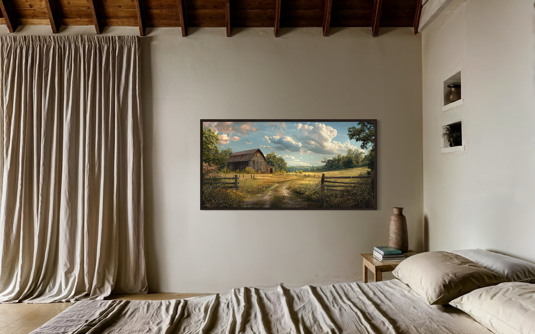 Old Barn In The Farm Landscape Framed Canvas Wall Art in bedroom