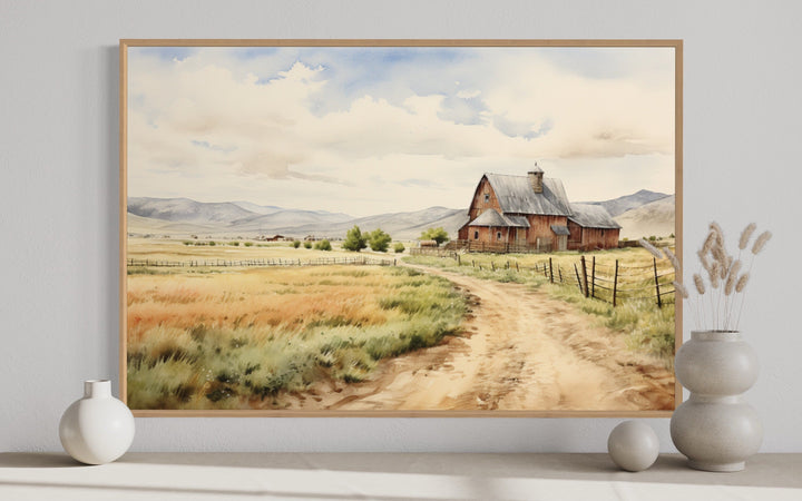 Old Barn in The Farm Field Vintage Rural Framed Canvas Wall Art