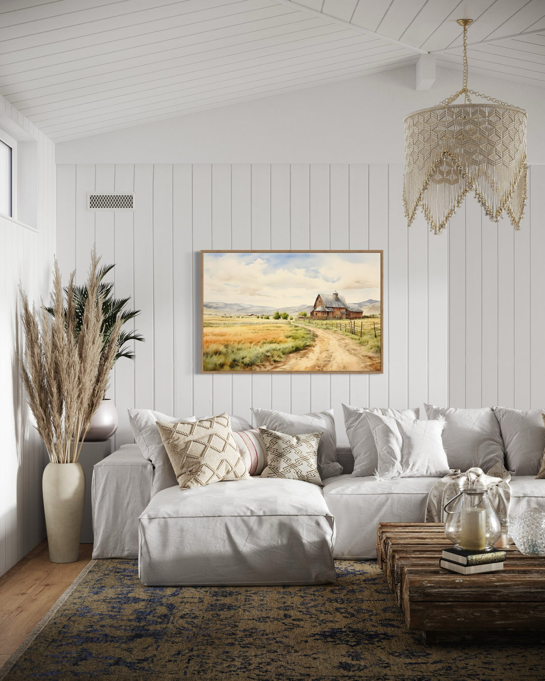 Old Barn in The Farm Field Vintage Rural Framed Canvas Wall Art