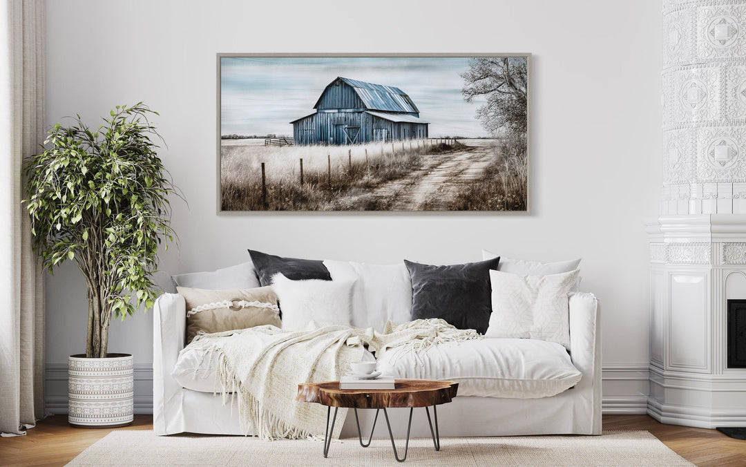 Old Blue Barn Rustic Painting Farmhouse Canvas Wall Art