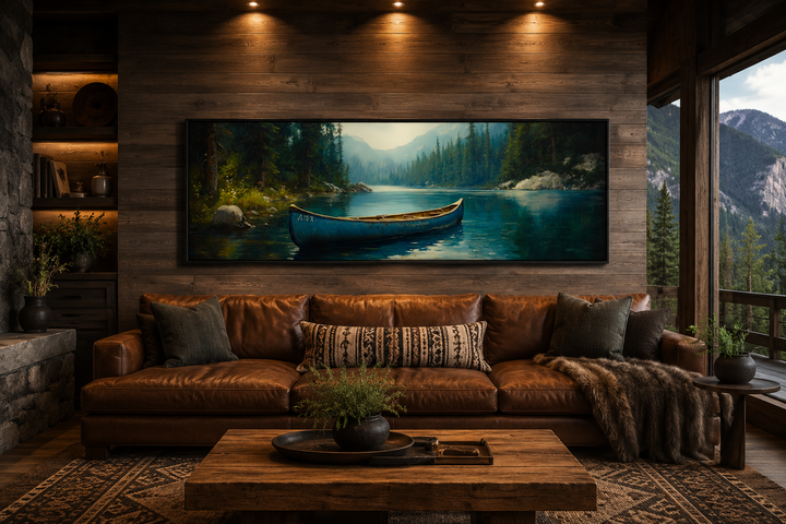 Old blue canoe in the lake long horizontal framed canvas wall art above a leather sofa in a cabin.