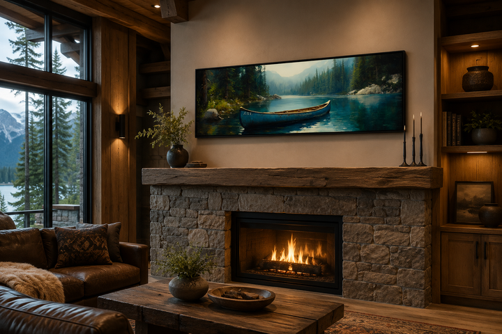 Old blue canoe in the lake long horizontal framed canvas wall art hanging above a stone fireplace.
