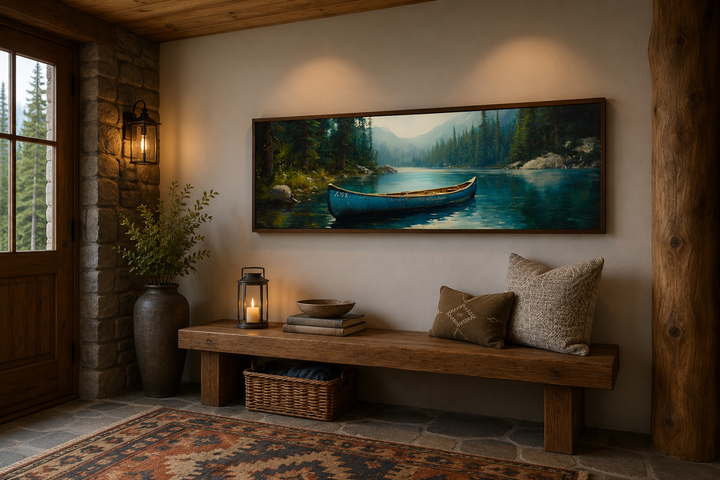 Long horizontal framed canvas art of a vintage blue canoe on a calm lake in a rustic room setting.