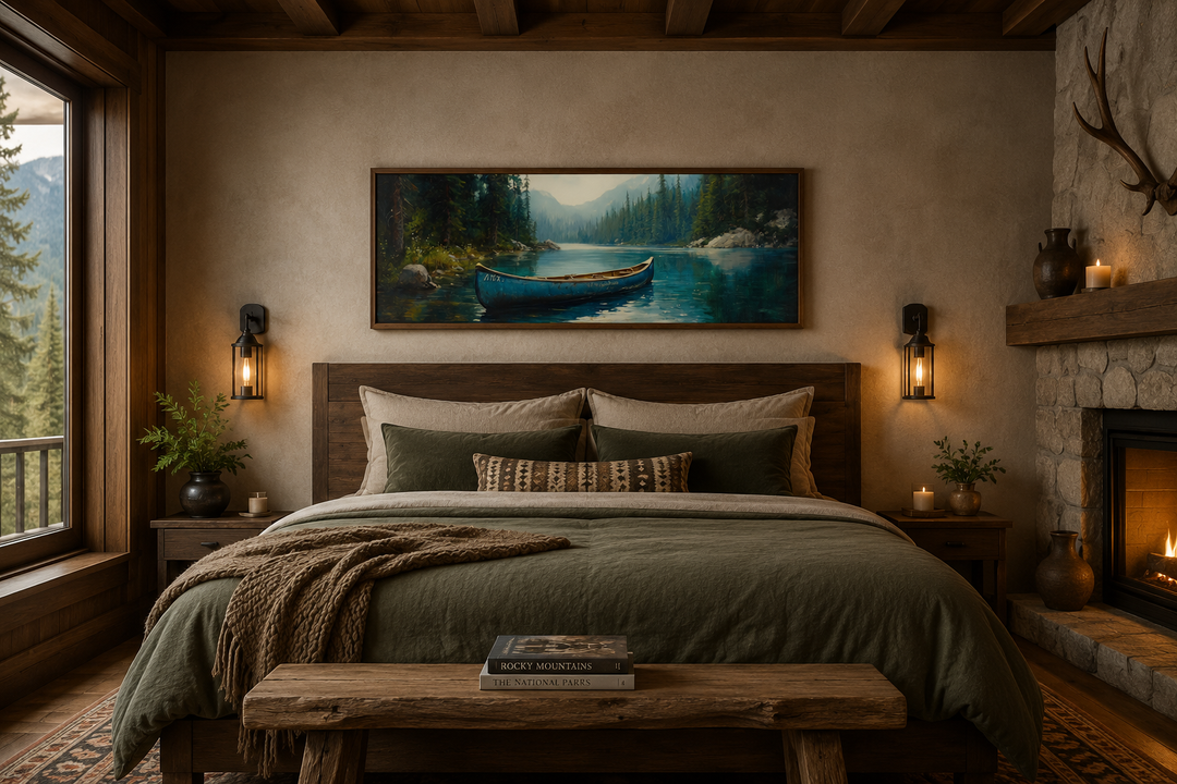Long horizontal framed canvas wall art of an old blue canoe on a tranquil lake above a bed.