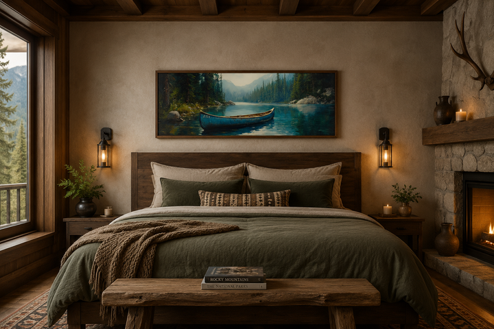 Long horizontal framed canvas wall art of an old blue canoe on a tranquil lake above a bed.