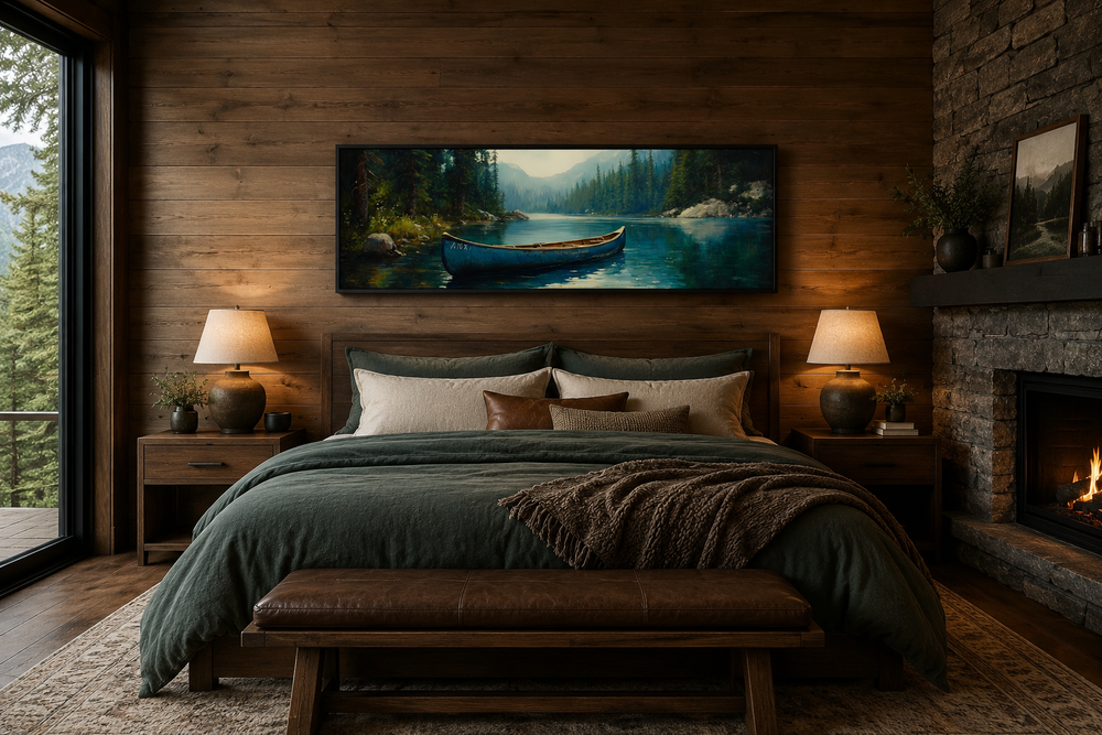 Old blue canoe in a lake long horizontal framed canvas wall art hanging above a bed in a cabin.