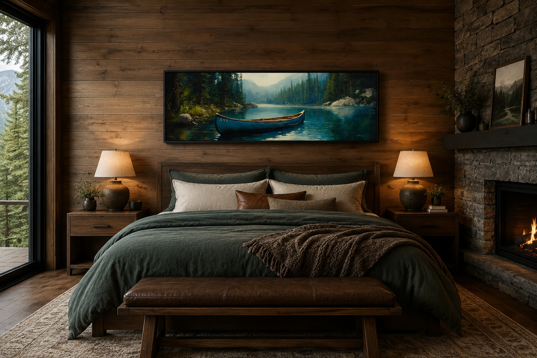 Old blue canoe in a lake long horizontal framed canvas wall art hanging above a bed in a cabin.