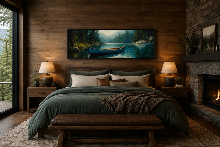 Old blue canoe in a lake long horizontal framed canvas wall art hanging above a bed in a cabin.