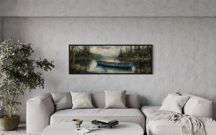 Old Blue Canoe In The Lake Long Horizontal Framed Canvas Wall Art