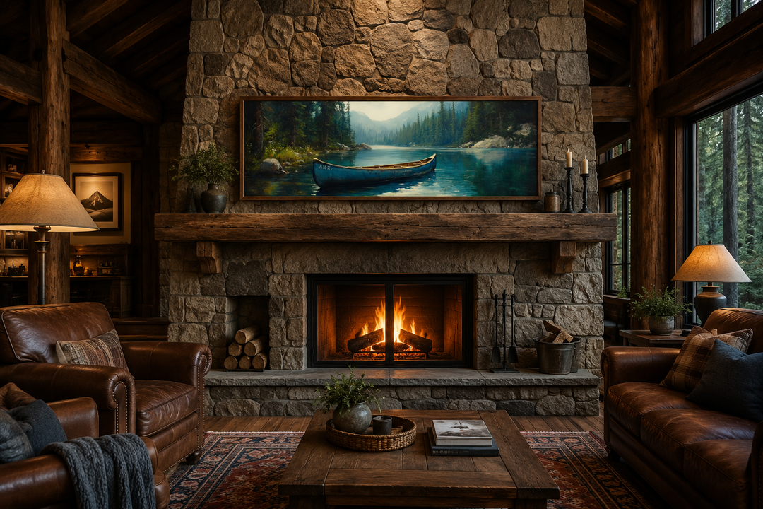 Long horizontal framed canvas wall art of an old blue canoe on a tranquil lake above a fireplace.