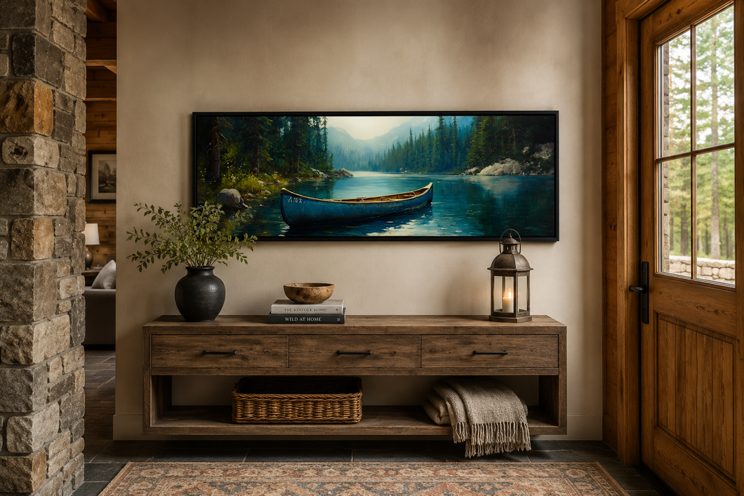Old blue canoe on a calm lake surrounded by pine trees, long horizontal framed canvas wall art.