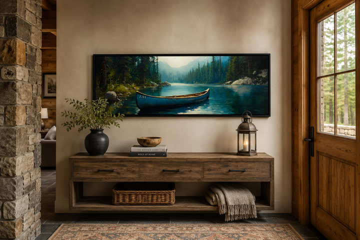 Old blue canoe on a calm lake surrounded by pine trees, long horizontal framed canvas wall art.