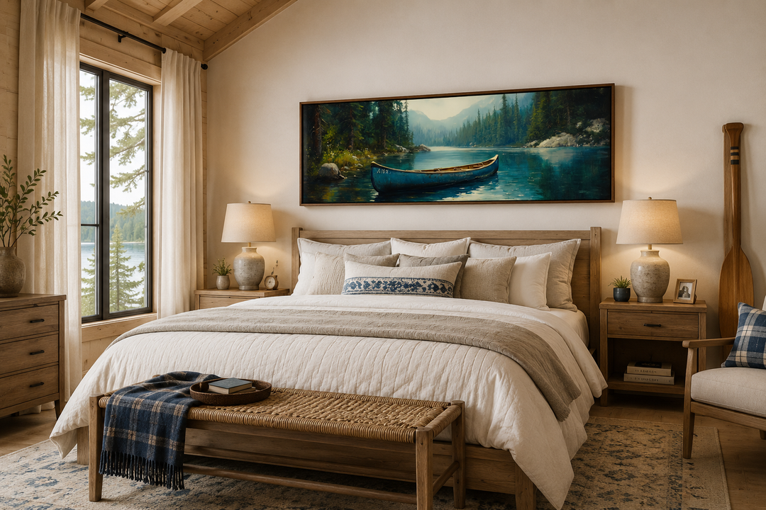 Old blue canoe in the lake long horizontal framed canvas wall art hanging above a bed in a cabin.