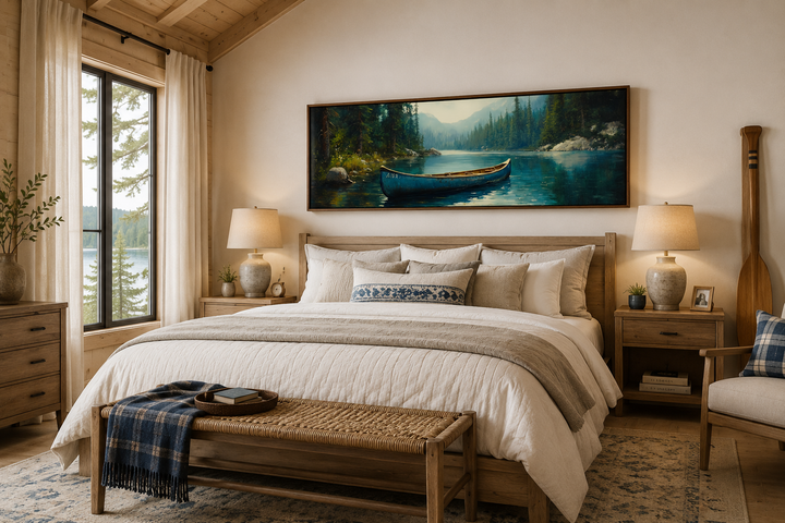Old blue canoe in the lake long horizontal framed canvas wall art hanging above a bed in a cabin.