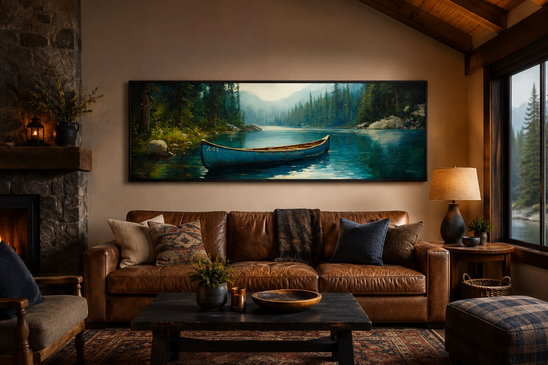Old blue canoe in a lake long horizontal framed canvas wall art above a leather sofa in a cabin.