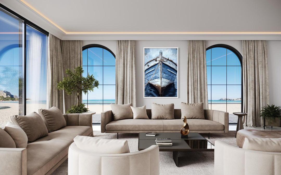 Vertical canvas wall art of a weathered blue boat close-up in a modern coastal living room.