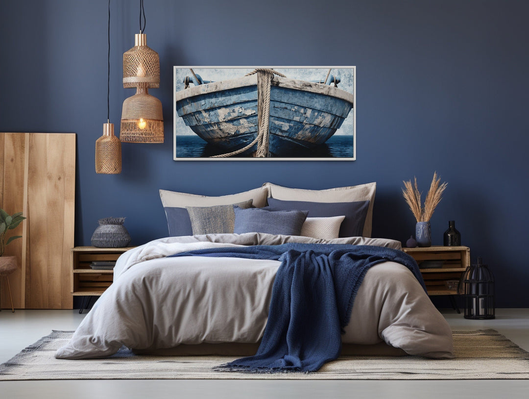 Old Blue White Boat Nautical Framed Canvas Wall Art