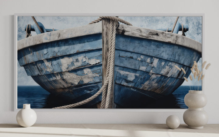 Old blue and white rustic boat nautical framed canvas wall art in a beach house setting.