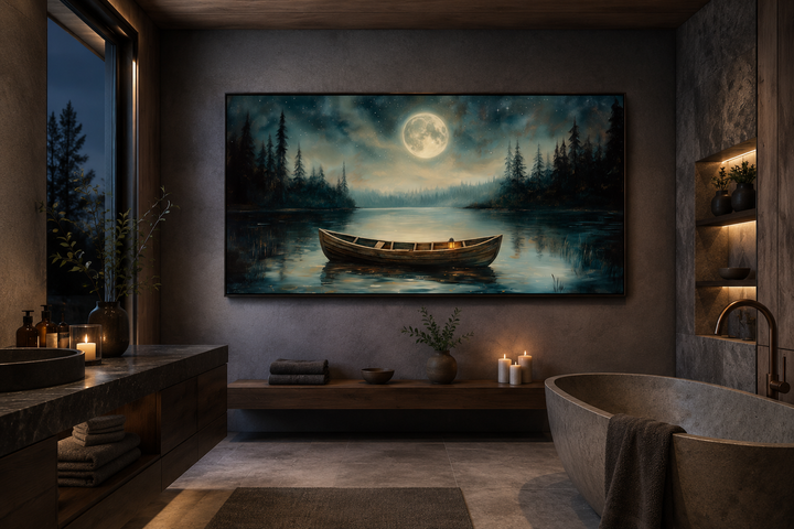 Framed canvas wall art of a wooden boat on a calm lake under a full moon in a dark bathroom.