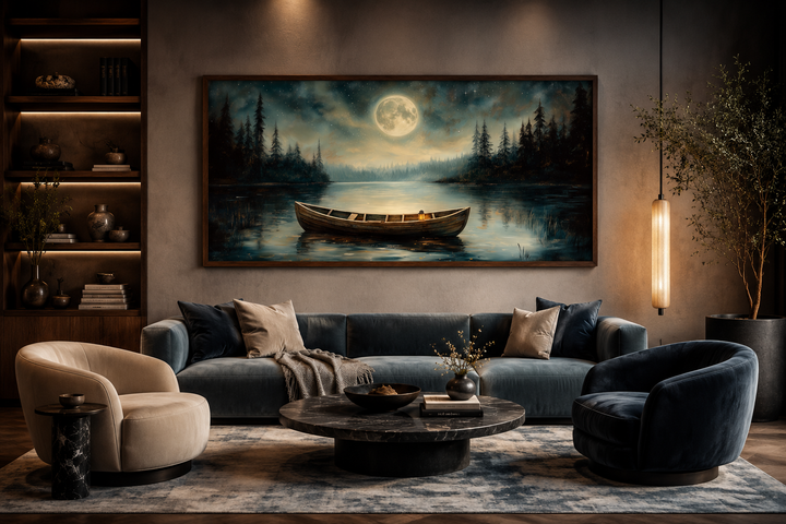 Framed canvas wall art of an old boat on a still lake under a full moon in a moody forest setting.