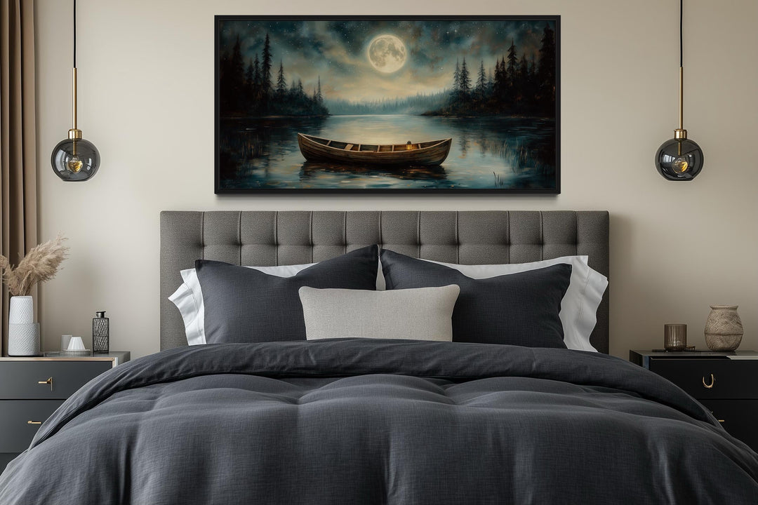 Old Boat In The Lake And Moon At Night Framed Canvas Wall Art