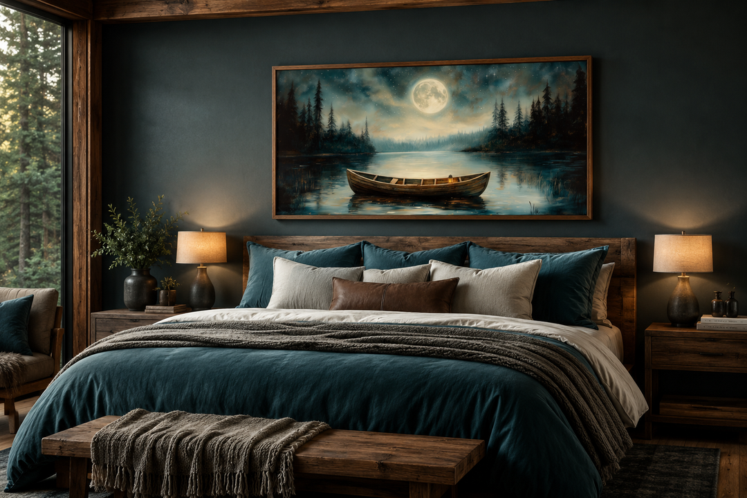 Framed canvas wall art of an old boat on a still lake under a full moon in a rustic bedroom.