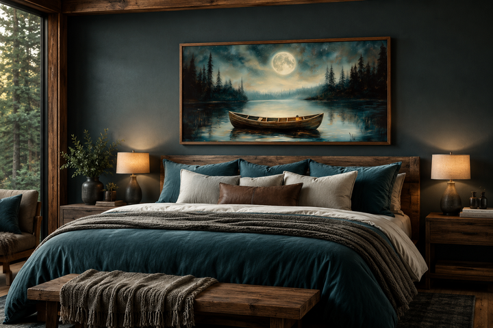 Framed canvas wall art of an old boat on a still lake under a full moon in a rustic bedroom.