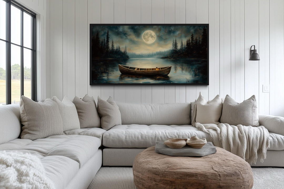 Old Boat In The Lake And Moon At Night Framed Canvas Wall Art