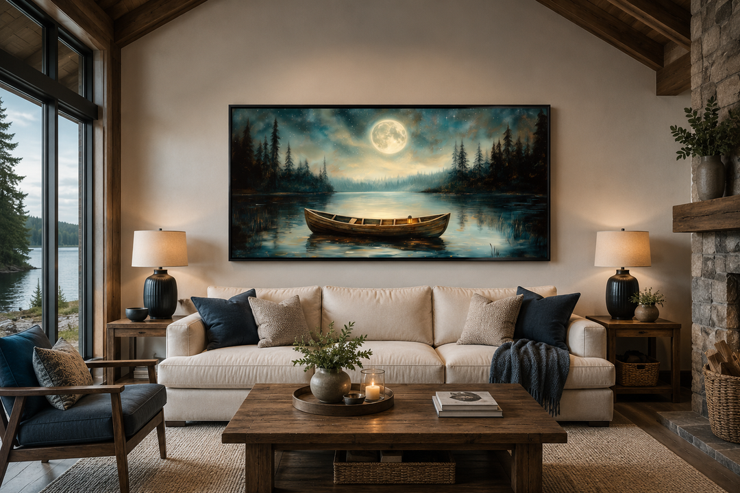 Framed horizontal canvas art of a wooden boat on a moonlit lake above a sofa in a rustic living room