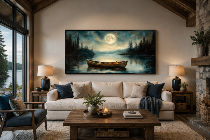Framed horizontal canvas art of a wooden boat on a moonlit lake above a sofa in a rustic living room