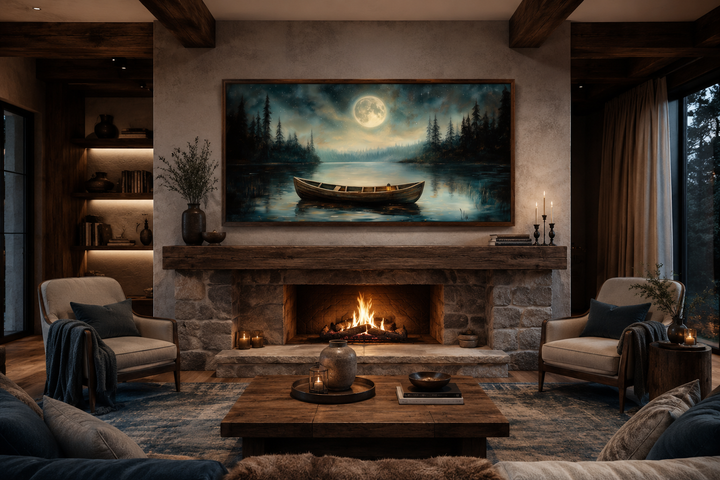 Framed canvas wall art of an old boat on a still lake under a full moon above a stone fireplace.