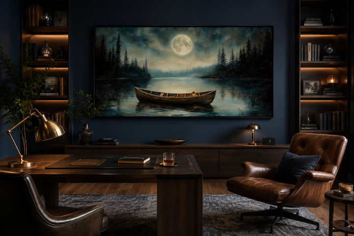 Framed canvas wall art of an old boat on a still lake under a full moon in a dark office setting.