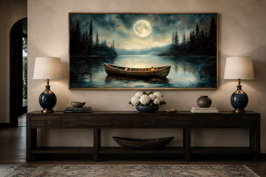 Framed canvas wall art of a wooden boat on a calm lake under a full moon in a night forest.