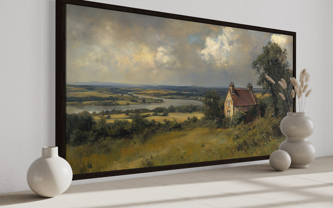 Old Cottage Near River Pastoral Antique Style Framed Canvas Wall Art