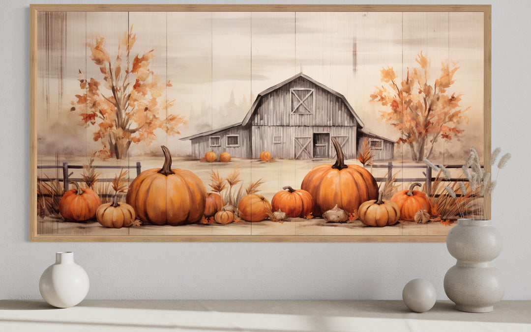 Old Farm Barn And Pumpkin Patch Painting On Wood Framed Canvas Wall Art