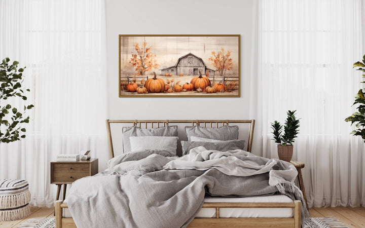 Old Farm Barn And Pumpkin Patch Painting On Wood Framed Canvas Wall Art