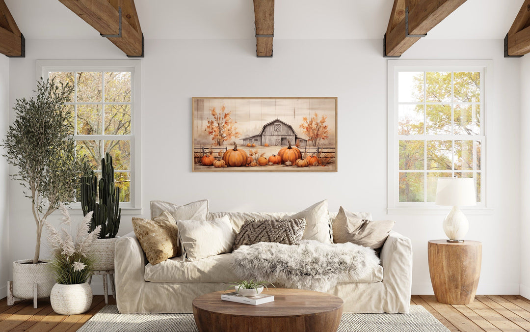 Old Farm Barn And Pumpkin Patch Painting On Wood Framed Canvas Wall Art