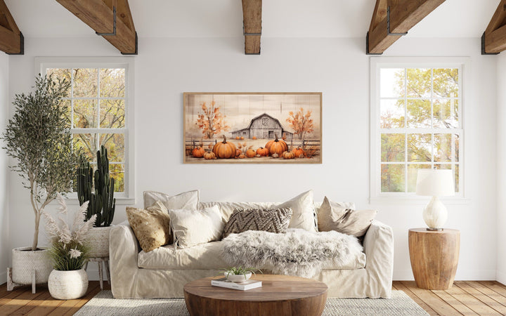 Old Farm Barn And Pumpkin Patch Painting On Wood Framed Canvas Wall Art