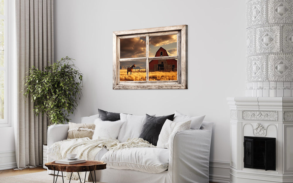 Old Farm With Red Barn And Horse Window View Wall Art