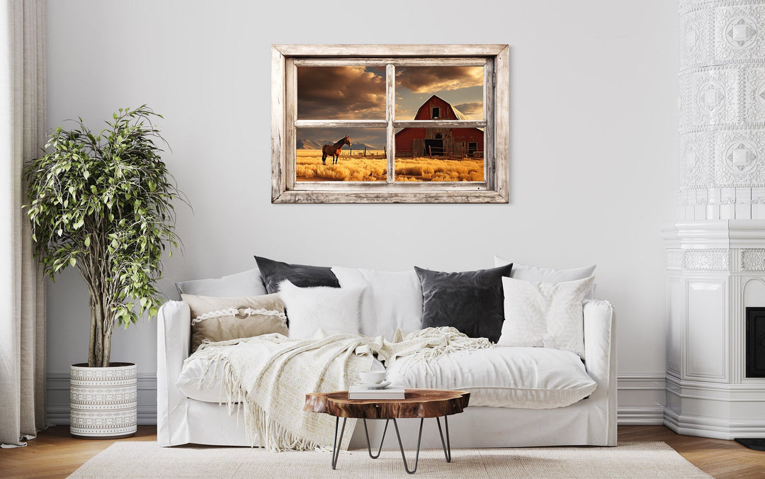 Old Farm With Red Barn And Horse Window View Wall Art