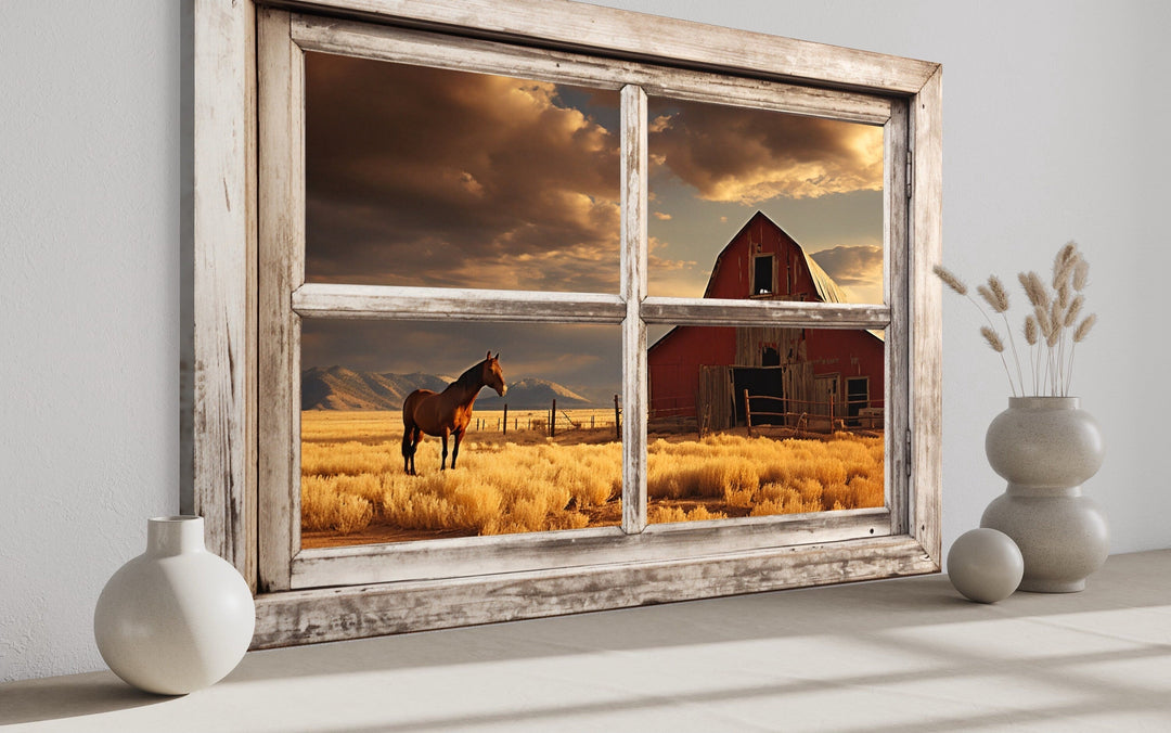 Farmhouse Wall Decor - Old Farm With Red Barn And Horse Window View Wall Art