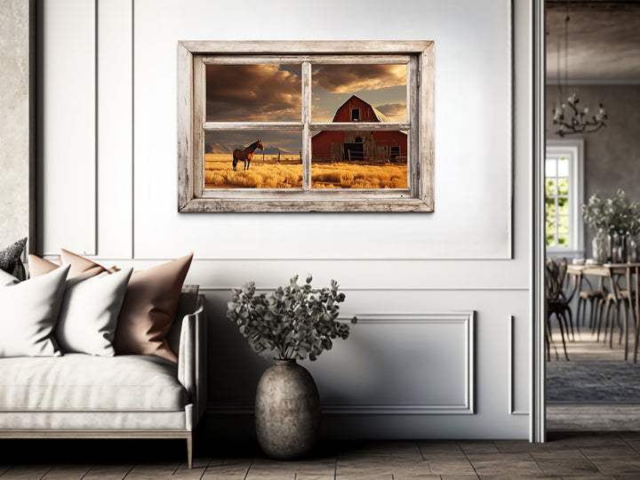 Old Farm With Red Barn And Horse Window View Wall Art