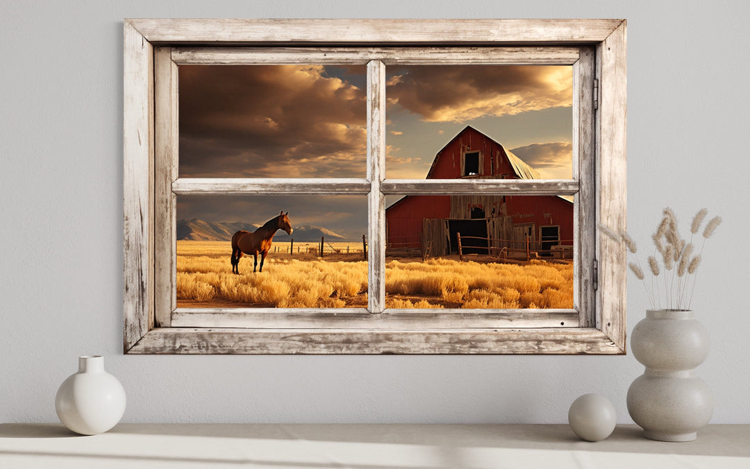 Farmhouse Wall Decor - Old Farm With Red Barn And Horse Window View Wall Art