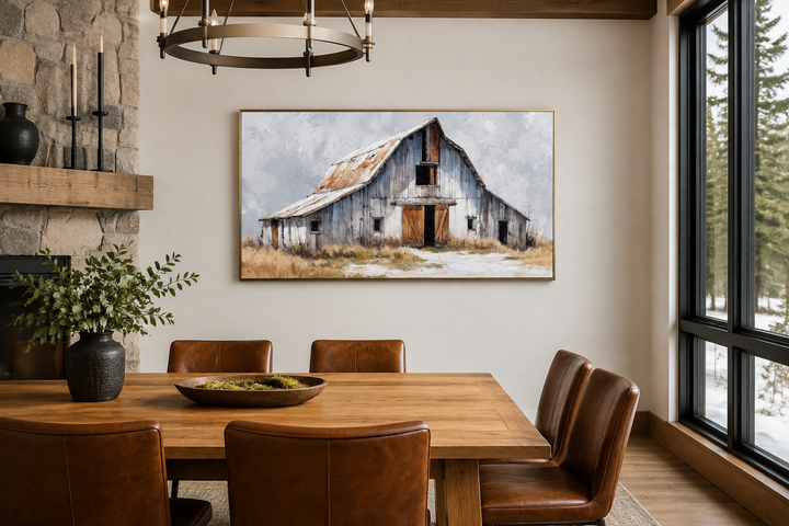Old Grey Barn Close Up rustic canvas wall art hanging in a modern farmhouse dining room.