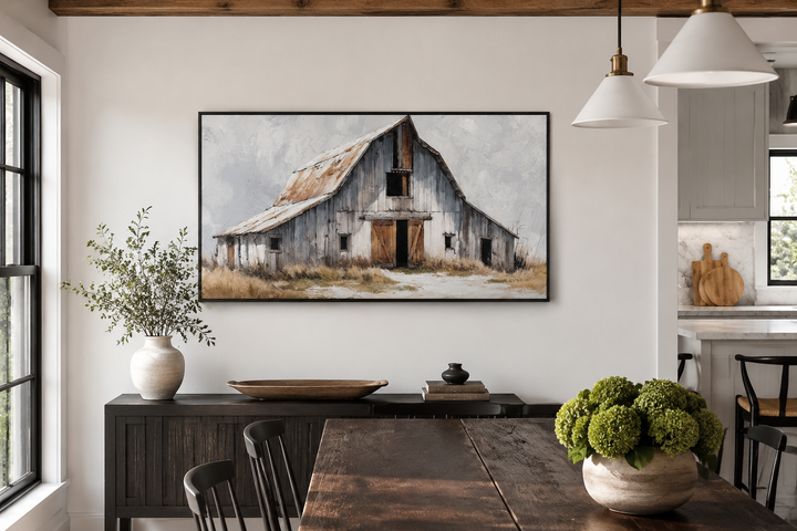 Old grey barn close up rustic farmhouse canvas wall art hanging above a dark wood sideboard.