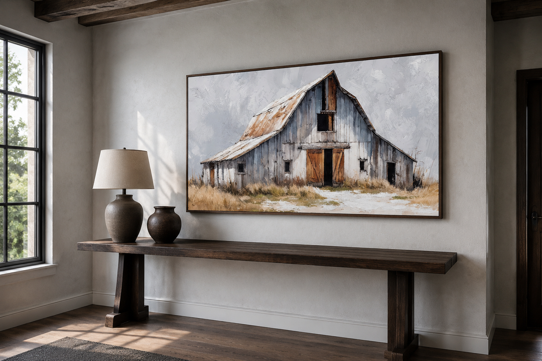 Old Grey Barn Close Up Rustic Farmhouse Canvas Wall Art framed above a wooden console table.