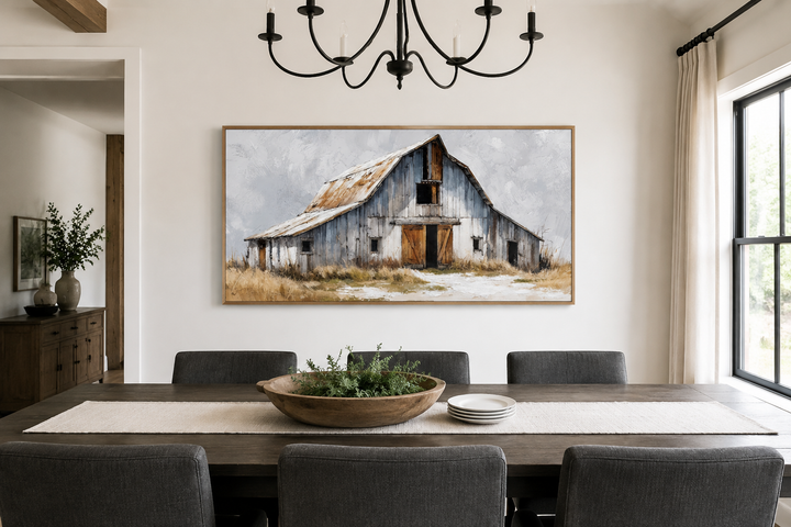 Old Grey Barn Close Up Rustic Farmhouse Canvas Wall Art hanging above a dining table.