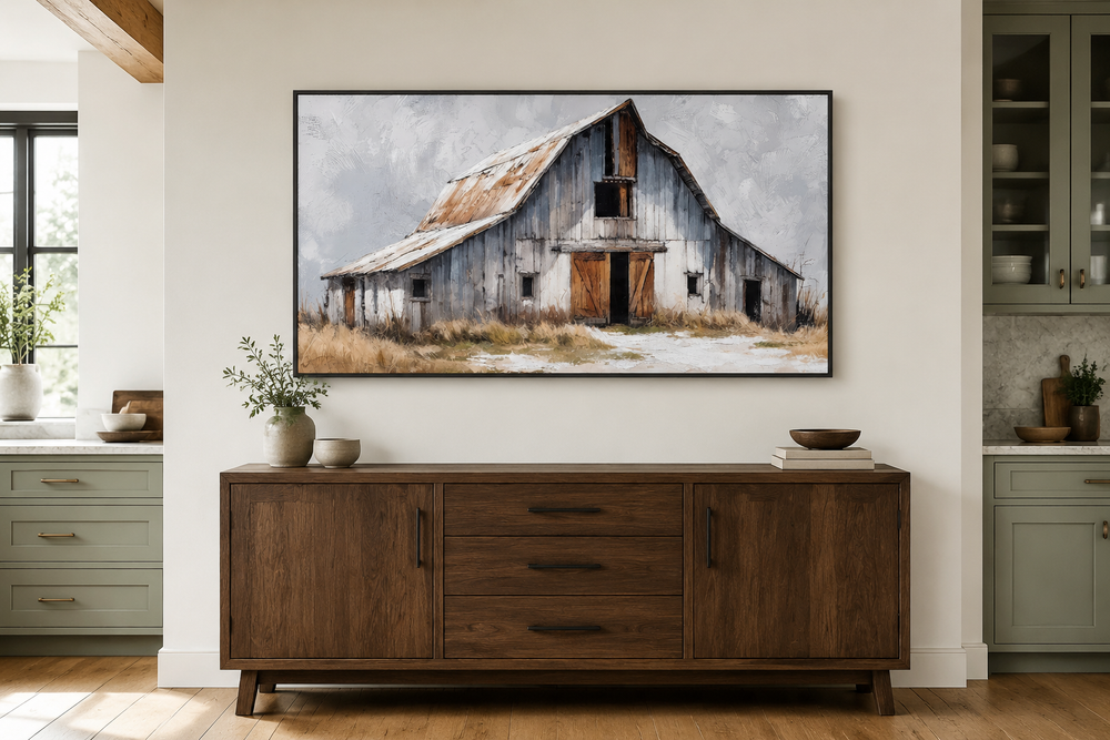 Old grey barn canvas wall art hanging above a dark wood sideboard in a rustic farmhouse room.